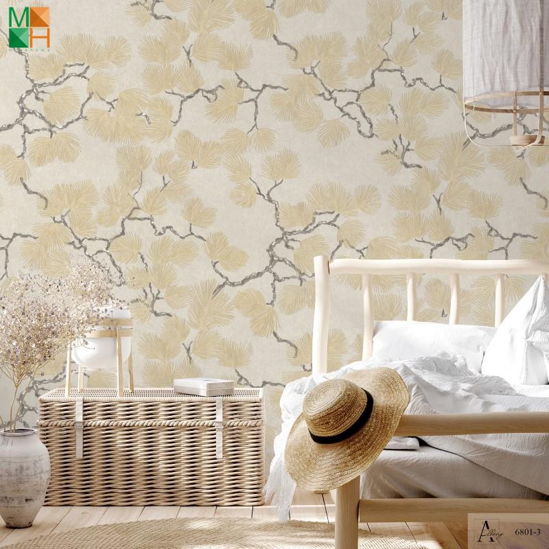 Giấy dán tường hàn quốc hình lá cây màu vàng 6801-3